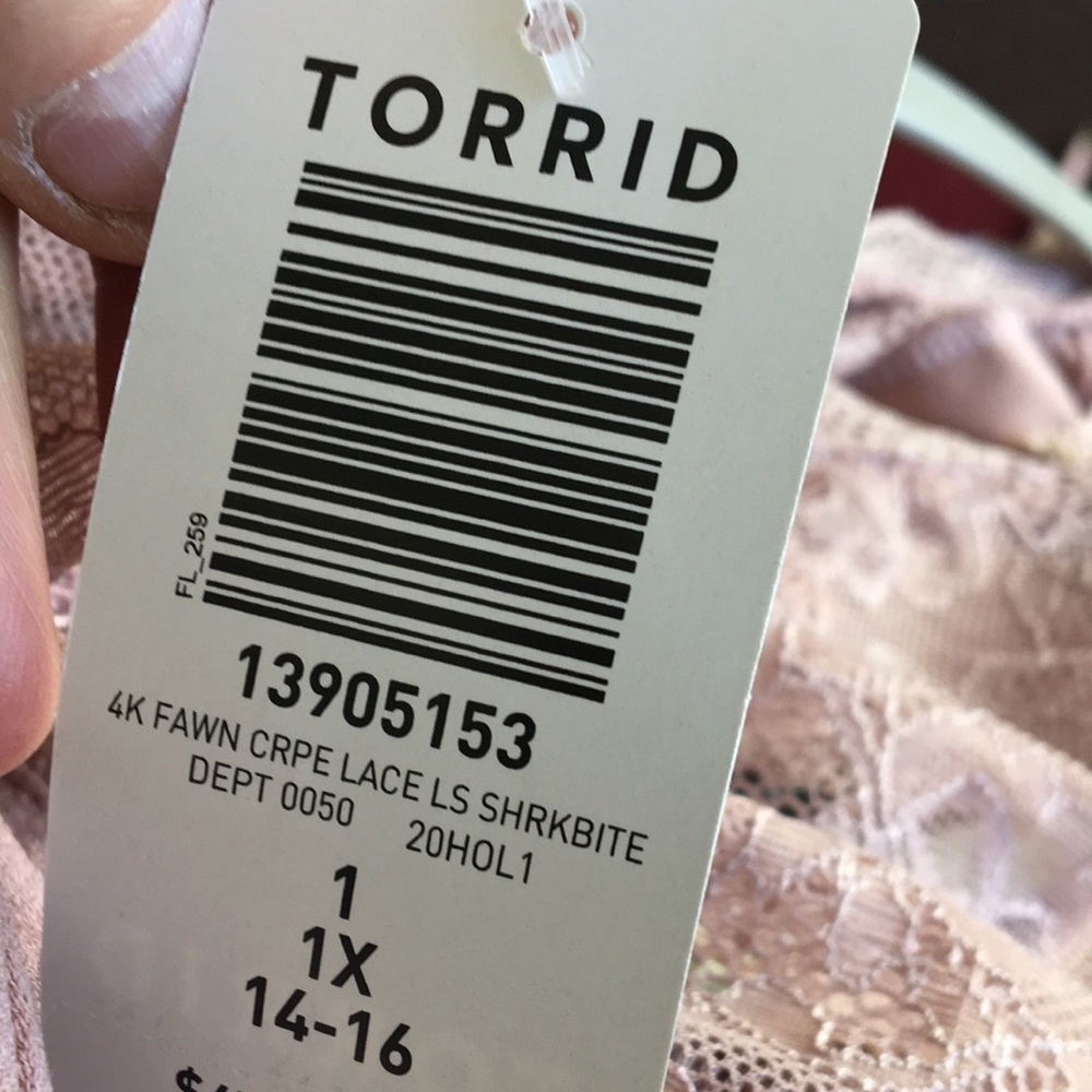 9.TORRID TAUPE CREPE AND LACE SHARKBITE TOP - Picture 15 of 16